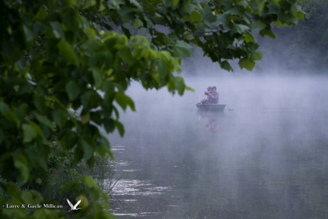 Two fishermen on Black Bass Lake, in the misty fog.