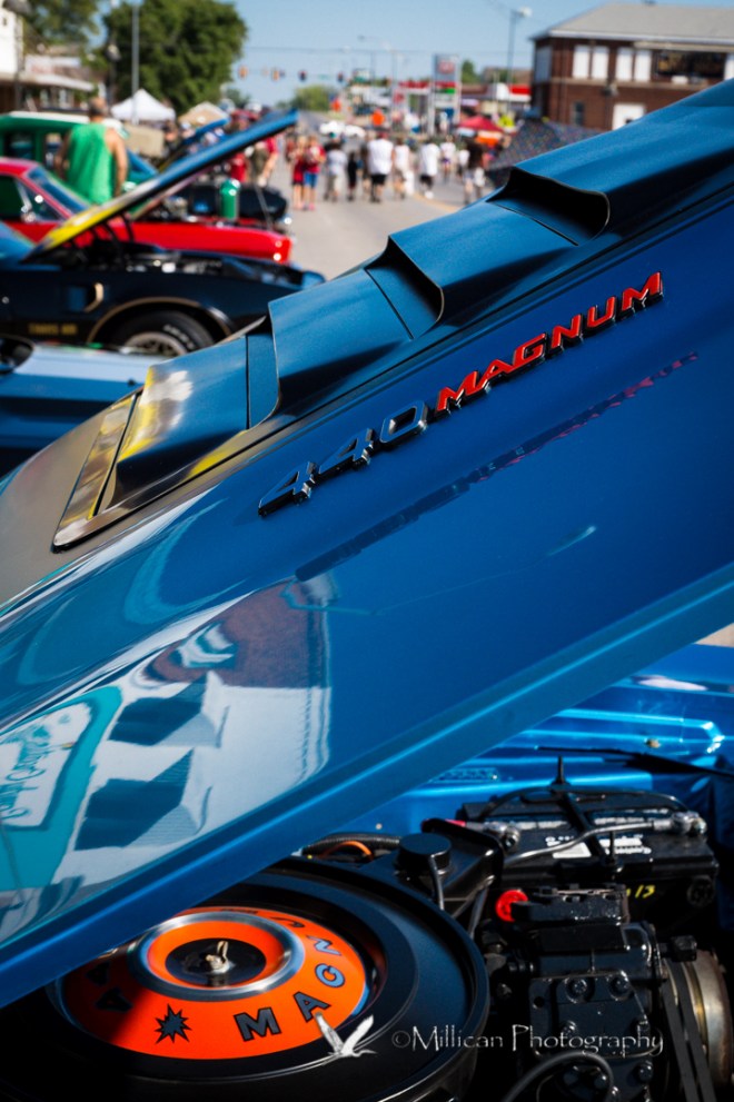 Hood of the 69 Dodge Charger, with Bristow's Main Street in the background.